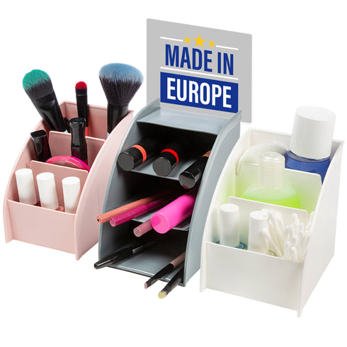 EDNA HOME Makeup Organizers, 3-Set, Cosmetics and Jewelry Holders with Triple Compartment, HQ Plastic, Suitable for Dresser, Bathroom, Nightstand, Vanity & Countertop, White/Gray/Rose, Made in Europe